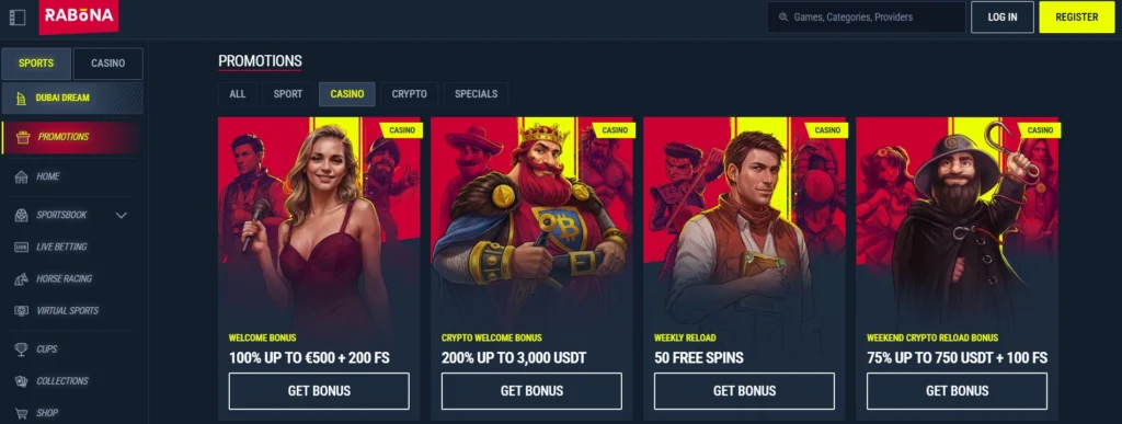 Screenshot of Rabona Casino Promotions page