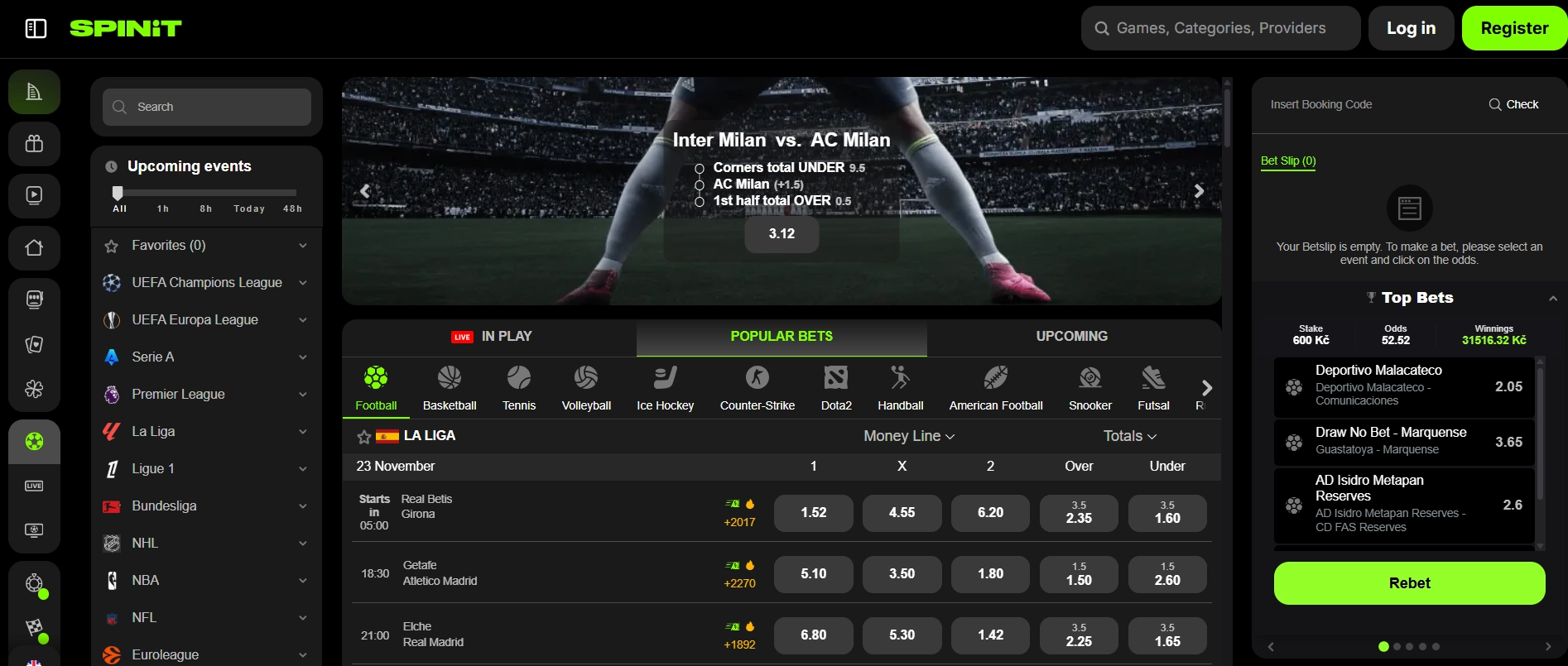 Sports Betting Section at Spinit Casino